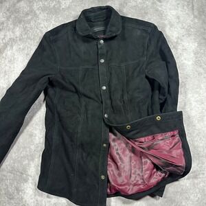 John Varvatos Suede Shirt Jacket Black Goatskin Shacket Burgundy Crest Lining